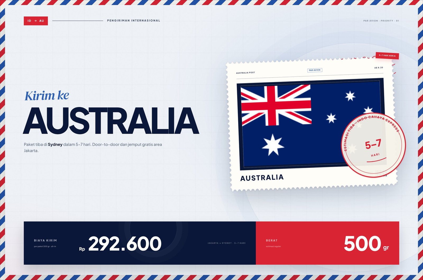 Kirim ke Australia 5-7 hari, Rp292.600 per 500 gr, door-to-door Jakarta