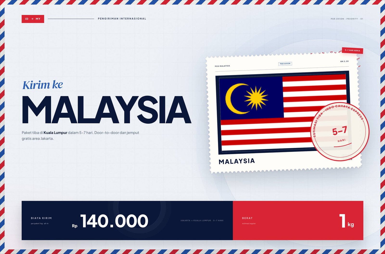 Kirim ke Malaysia 5-7 hari, Rp140.000 per 1 kg, door-to-door Jakarta